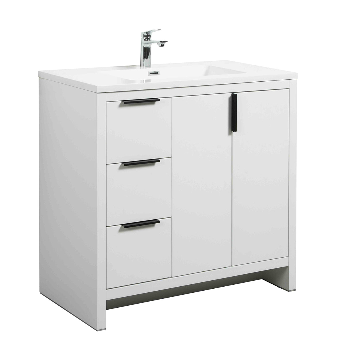 36’’ W Freestanding Single Bathroom Vanity in White Gloss with Quartz Integrated Sink LV14-36W - Bathroom Vanities