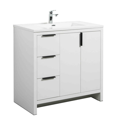 36’’ W Freestanding Single Bathroom Vanity in White Gloss with Quartz Integrated Sink LV14-36W - Bathroom Vanities