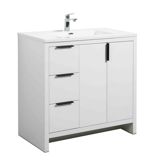 36’’ W Freestanding Single Bathroom Vanity in White Gloss with Quartz Integrated Sink LV14-36W - Bathroom Vanities