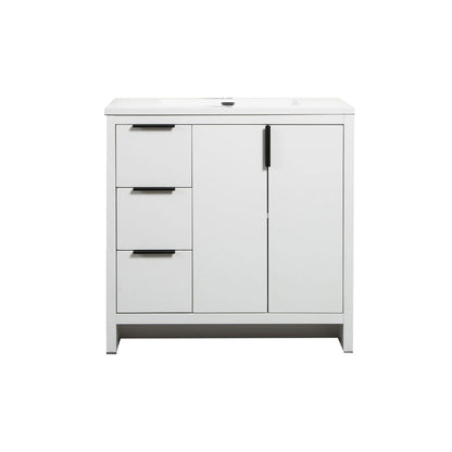 36’’ W Freestanding Single Bathroom Vanity in White Gloss with Quartz Integrated Sink LV14-36W - Bathroom Vanities