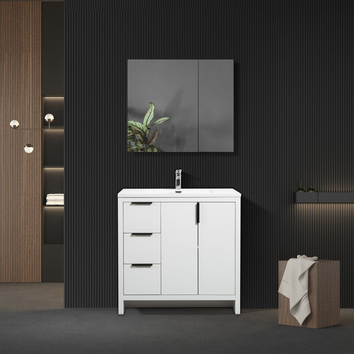 36’’ W Freestanding Single Bathroom Vanity in White Gloss with Quartz Integrated Sink LV14-36W - Bathroom Vanities