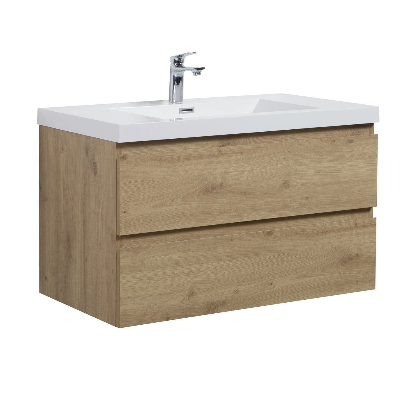36’’ Wall Mount Single Bathroom Vanity in Oak with White Integrated Sink LV13-36 - Bathroom Vanities