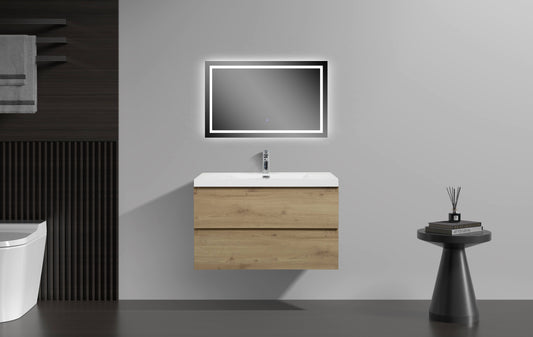 36’’ Wall Mount Single Bathroom Vanity in Oak with White Integrated Sink LV13-36 - Bathroom Vanities