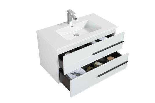 36’’ Wall Mount Single Bathroom Vanity in White Gloss with White Integrated Sink LV15W-36W - Bathroom Vanities