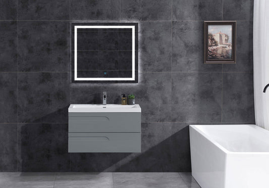 36’’ Wall Mount Single Sink Bathroom Vanity in Gray Gloss with Square Counter Top LV7W-36G - Bathroom Vanities