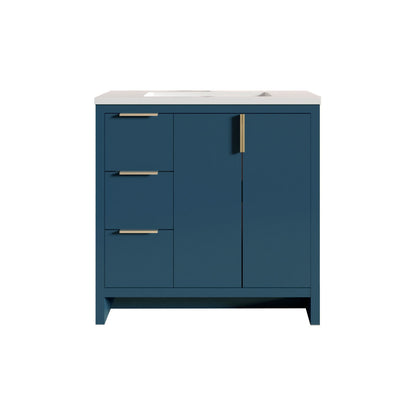 36’’W Freestanding Single Bathroom Vanity in Blue with White Quartz Integrated Sink LV14-36B - Bathroom Vanities