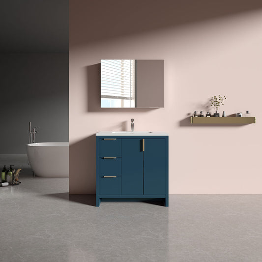 36’’W Freestanding Single Bathroom Vanity in Blue with White Quartz Integrated Sink LV14-36B - Bathroom Vanities