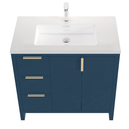 36’’W Freestanding Single Bathroom Vanity in Blue with White Quartz Integrated Sink LV14-36B - Bathroom Vanities