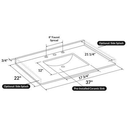 37 W x 22 L Cara White Vanity Top with Square Sink - 8 in Faucet Spread - Vanity Tops