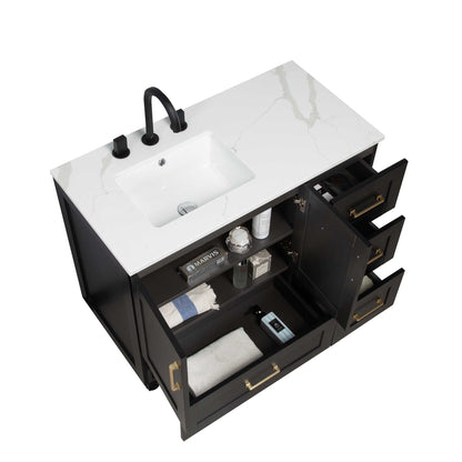 42’’ Freestanding Single Bathroom Vanity in Black with Quartz Stone Countertop - Bathroom Vanities