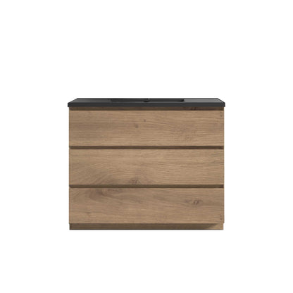 42’’ Freestanding Single Bathroom Vanity in Oak with Black Quartz Integrated Sink - Bathroom Vanities