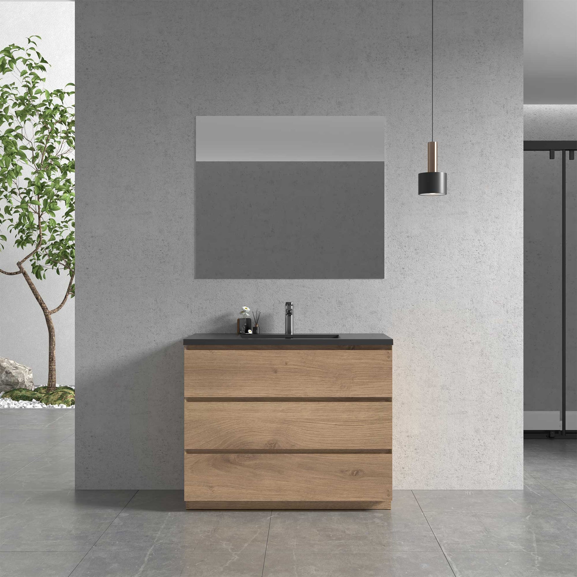 42’’ Freestanding Single Bathroom Vanity in Oak with Black Quartz Integrated Sink - Bathroom Vanities