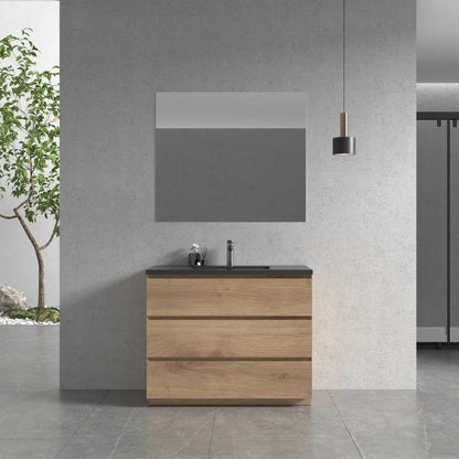 42’’ Freestanding Single Bathroom Vanity in Oak with Black Quartz Integrated Sink - Bathroom Vanities