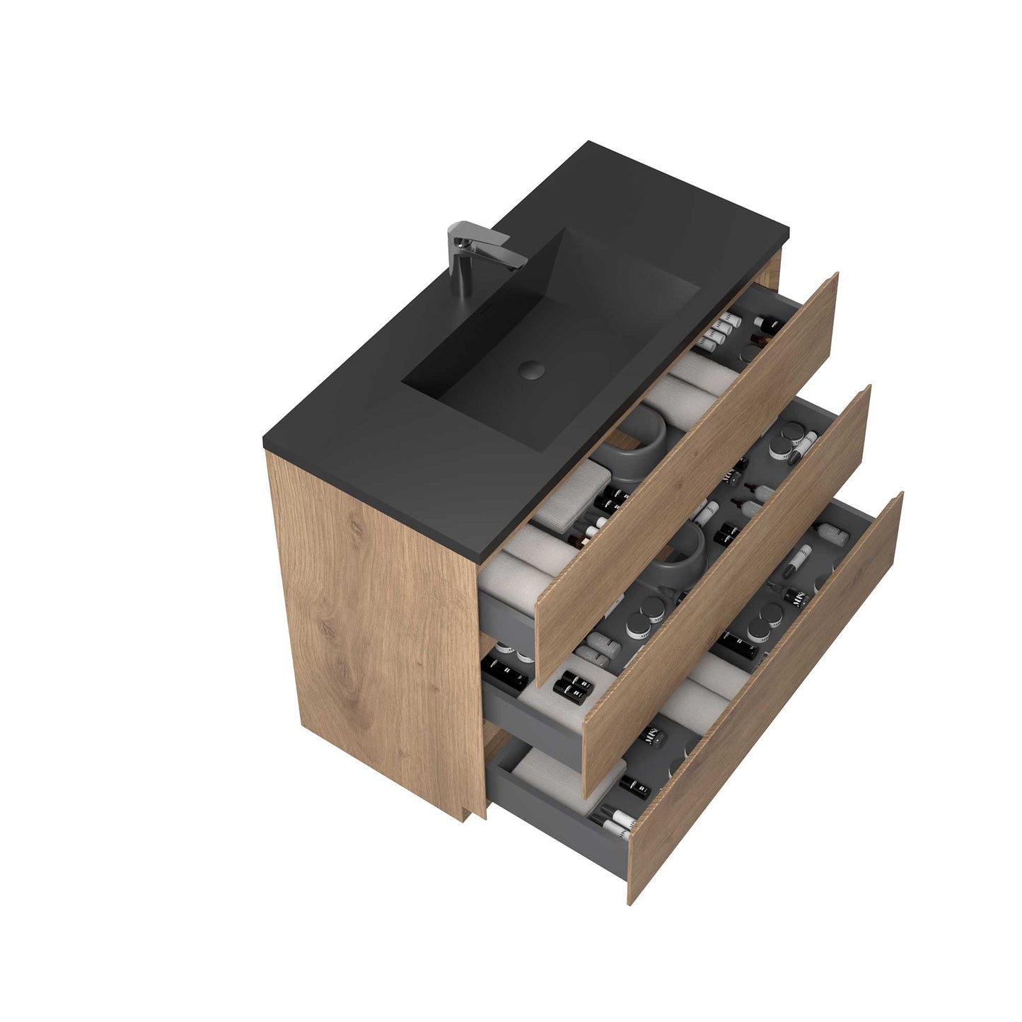 42’’ Freestanding Single Bathroom Vanity in Oak with Black Quartz Integrated Sink - Bathroom Vanities