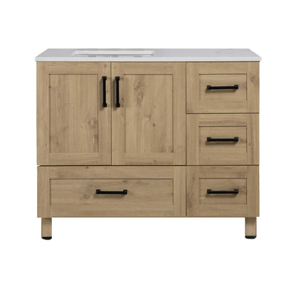 42’’ Freestanding Single Bathroom Vanity in Oak with Quartz Stone Countertop - Bathroom Vanities