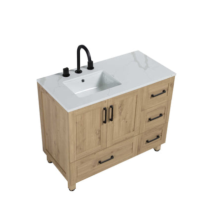 42’’ Freestanding Single Bathroom Vanity in Oak with Quartz Stone Countertop - Bathroom Vanities