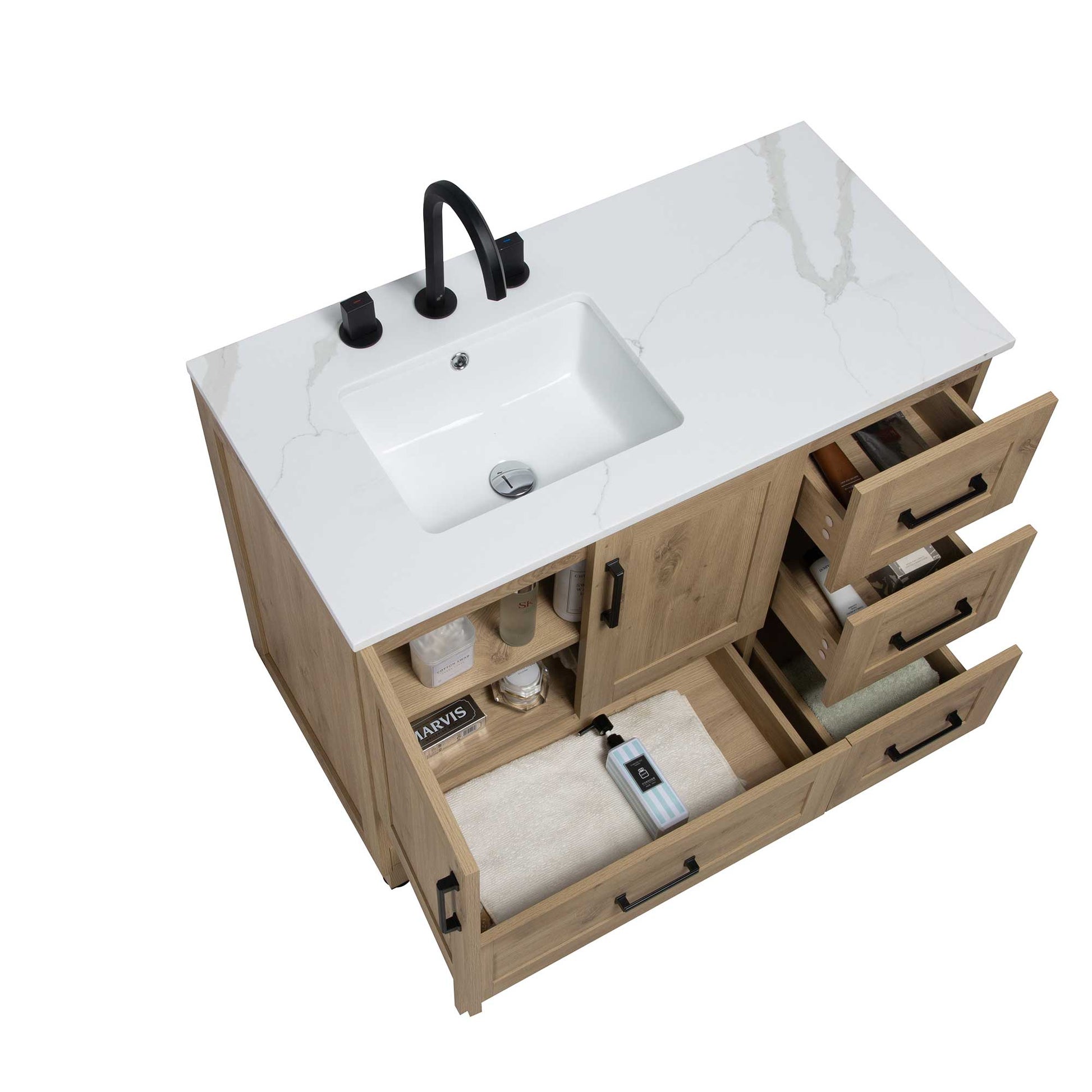 42’’ Freestanding Single Bathroom Vanity in Oak with Quartz Stone Countertop - Bathroom Vanities