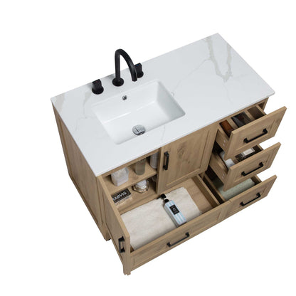 42’’ Freestanding Single Bathroom Vanity in Oak with Quartz Stone Countertop - Bathroom Vanities
