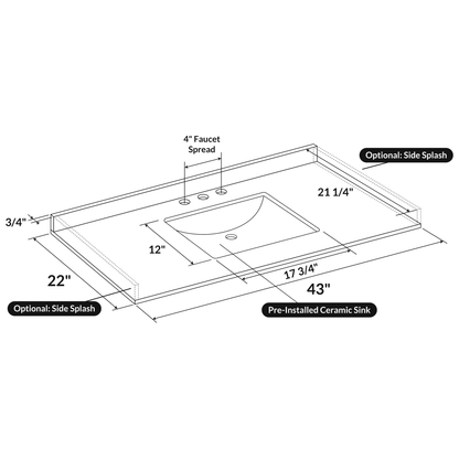 43 W x 22 L Calacatta White Vanity Top with Square Sink - 4 in Faucet Spread - Vanity Tops