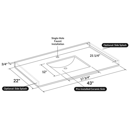 43 W x 22 L Calacatta White Vanity Top with Square Sink - Single Faucet - Vanity Tops