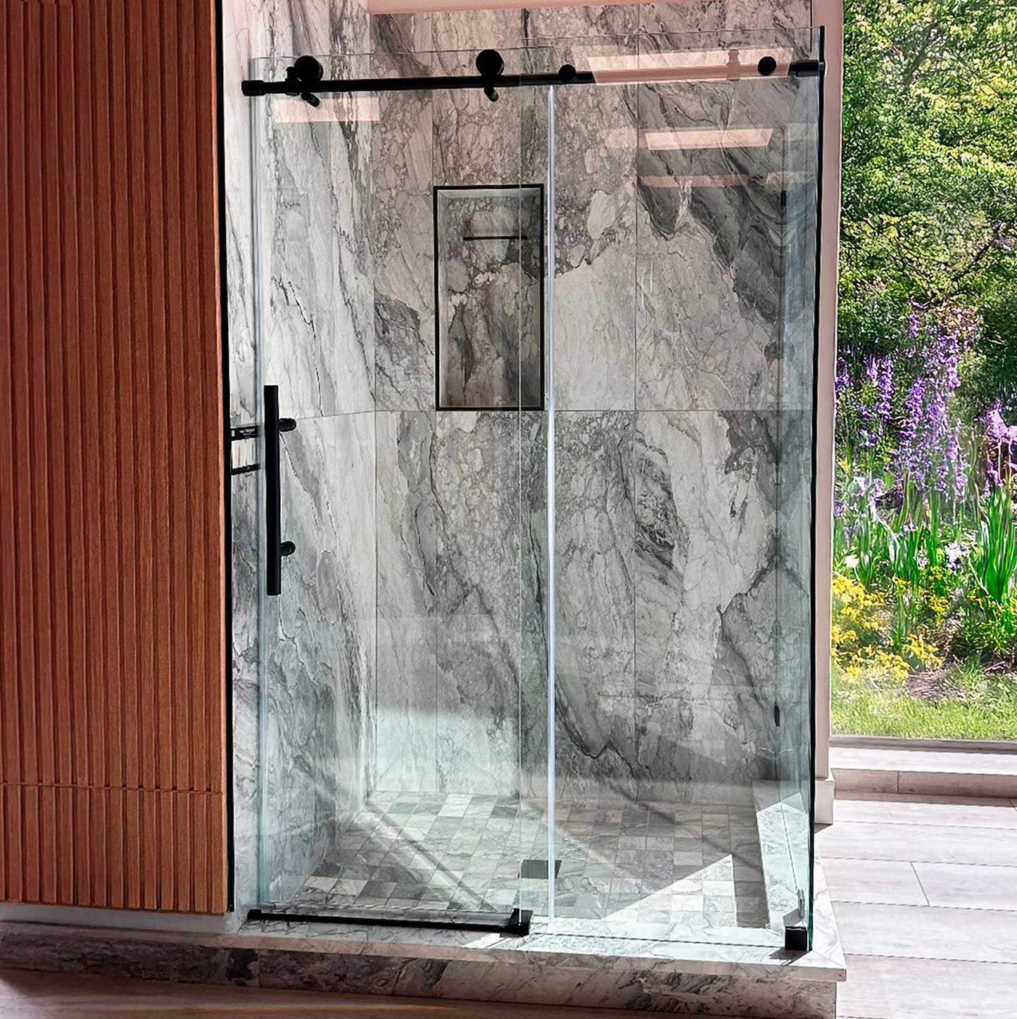 44-48 W x 76 H x 34 1/2 D Sliding Frameless Shower Enclosure ULTRA-C with Clear Glass in Matte Black - Shower Doors