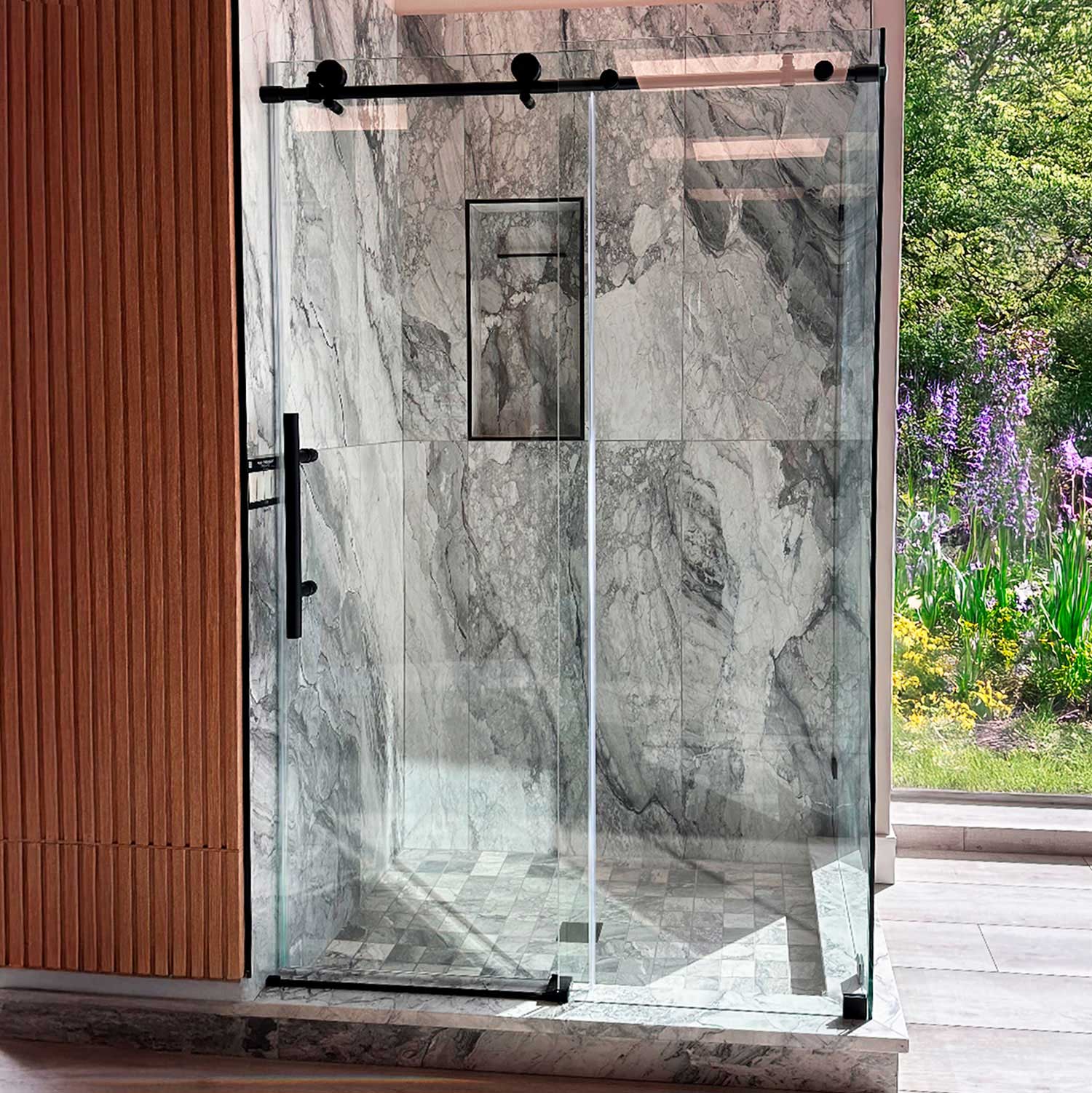 44-48 W x 76 H x 34 1/2 D Sliding Frameless Shower Enclosure ULTRA-C with Clear Glass in Matte Black - Shower Doors