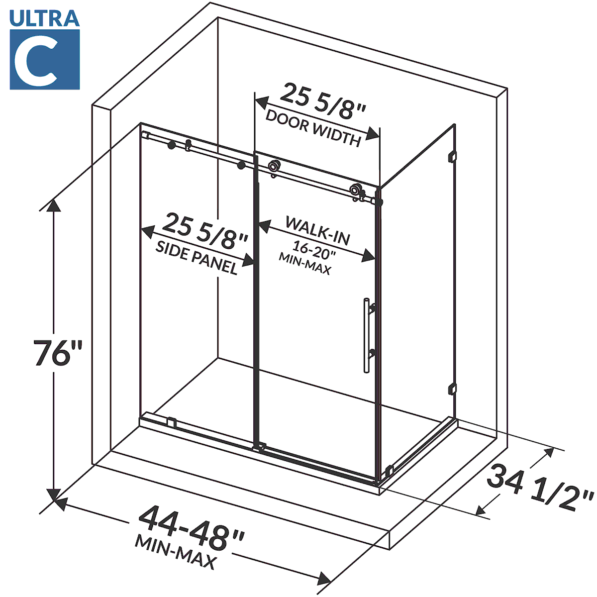 44-48 W x 76 H x 34 1/2 D Sliding Frameless Shower Enclosure ULTRA-C with Clear Glass in Matte Black - Shower Doors