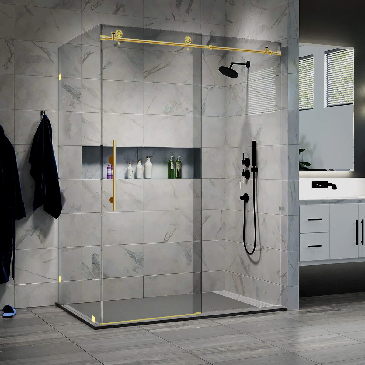 44-48 W x 76 H x 36 D Sliding Frameless Shower Enclosure ULTRA-C with Clear Glass in Gold - Shower Doors