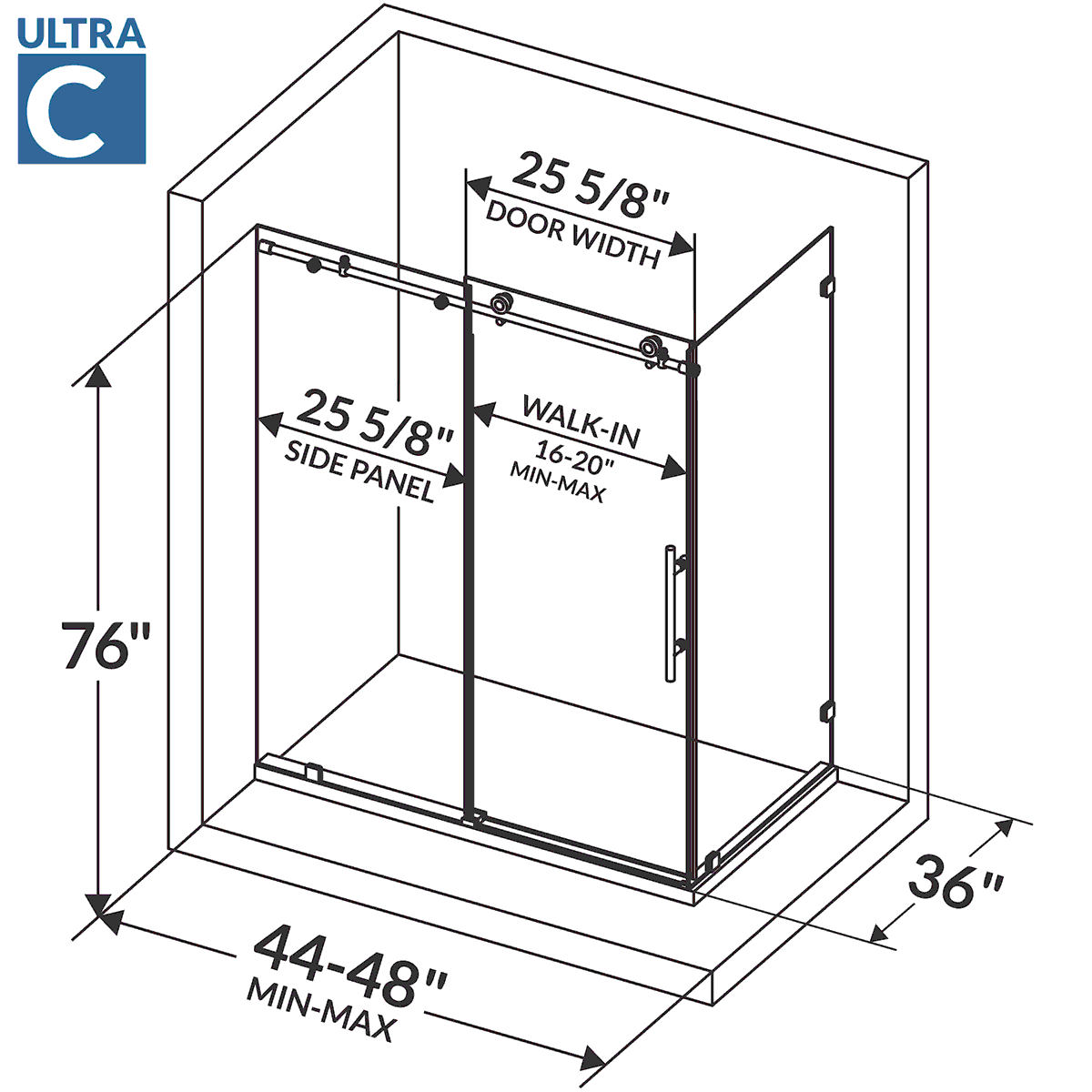 44-48 W x 76 H x 36 D Sliding Frameless Shower Enclosure ULTRA-C with Clear Glass in Gold - Shower Doors