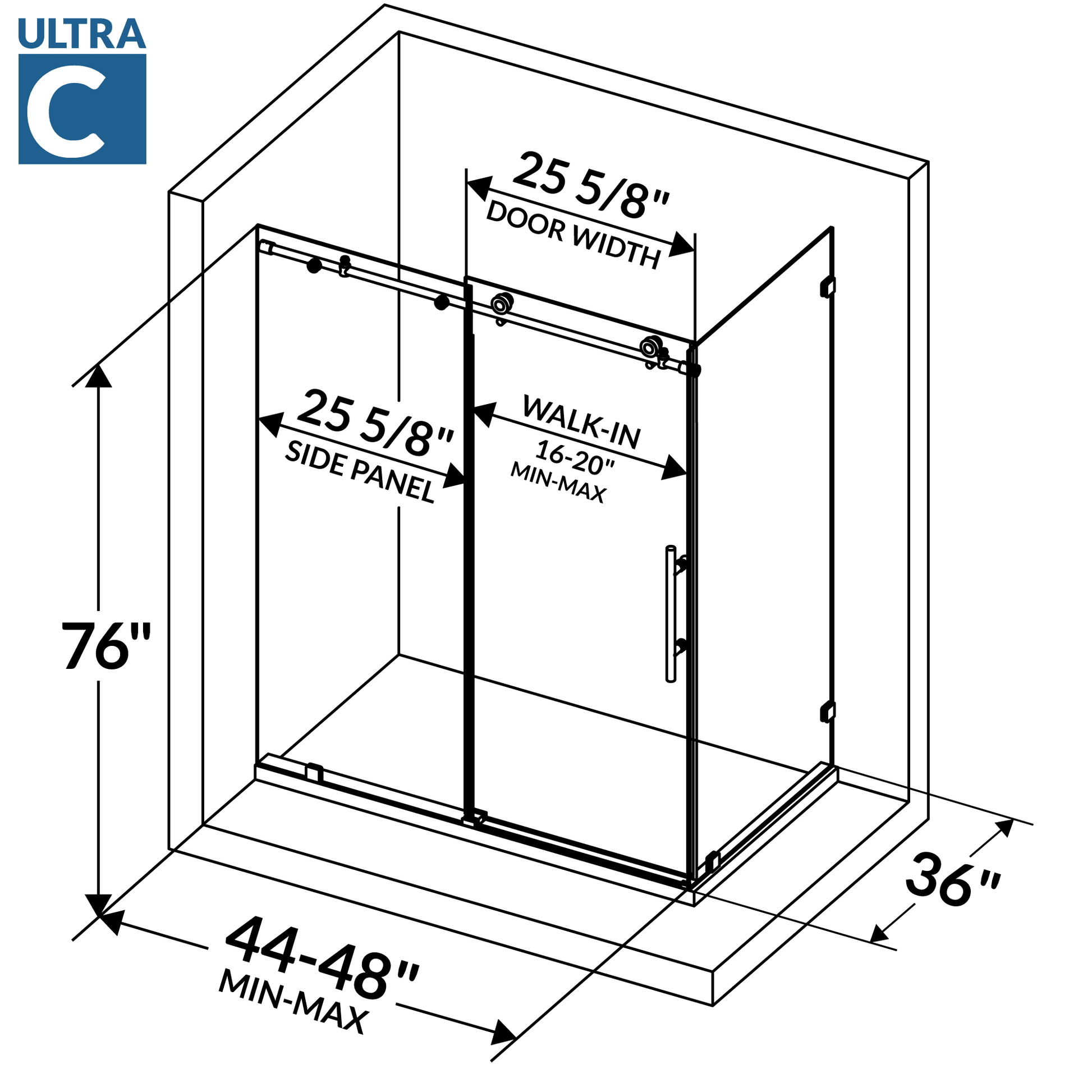 44-48 W x 76 H x 36 D Sliding Frameless Shower Enclosure ULTRA-C with Clear Glass in Chrome - Shower Doors