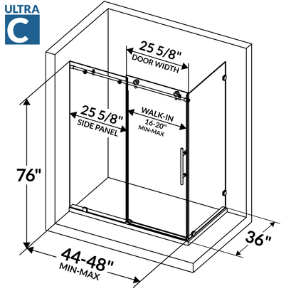 44-48 W x 76 H x 36 D Sliding Frameless Shower Enclosure ULTRA-C with Clear Glass in Brushed Nickel - Shower Doors
