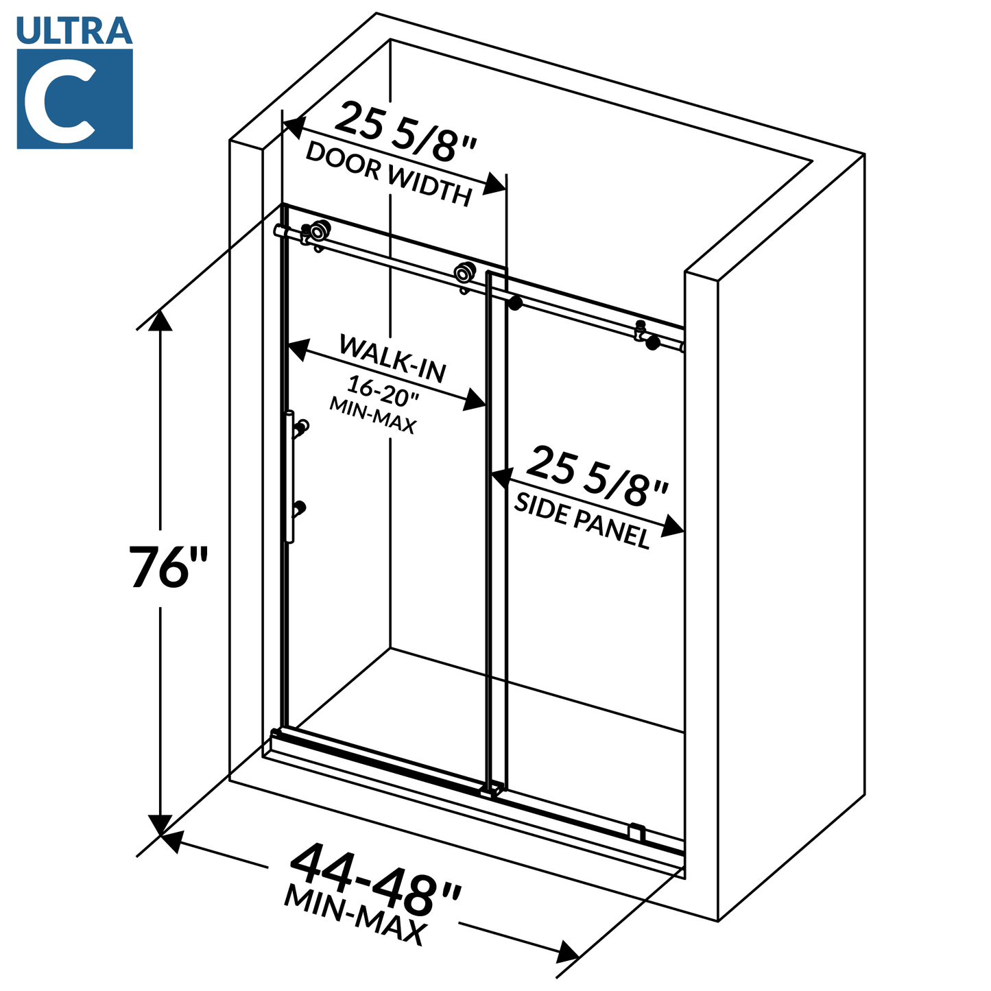44-48 W x 76 H Sliding Frameless Shower Door ULTRA-C with Clear Glass in Brushed Nickel - Shower Doors