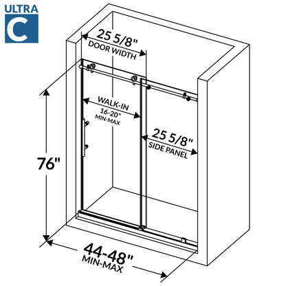 44-48 W x 76 H Sliding Frameless Shower Door ULTRA-C with Clear Glass in Chrome - Shower Doors