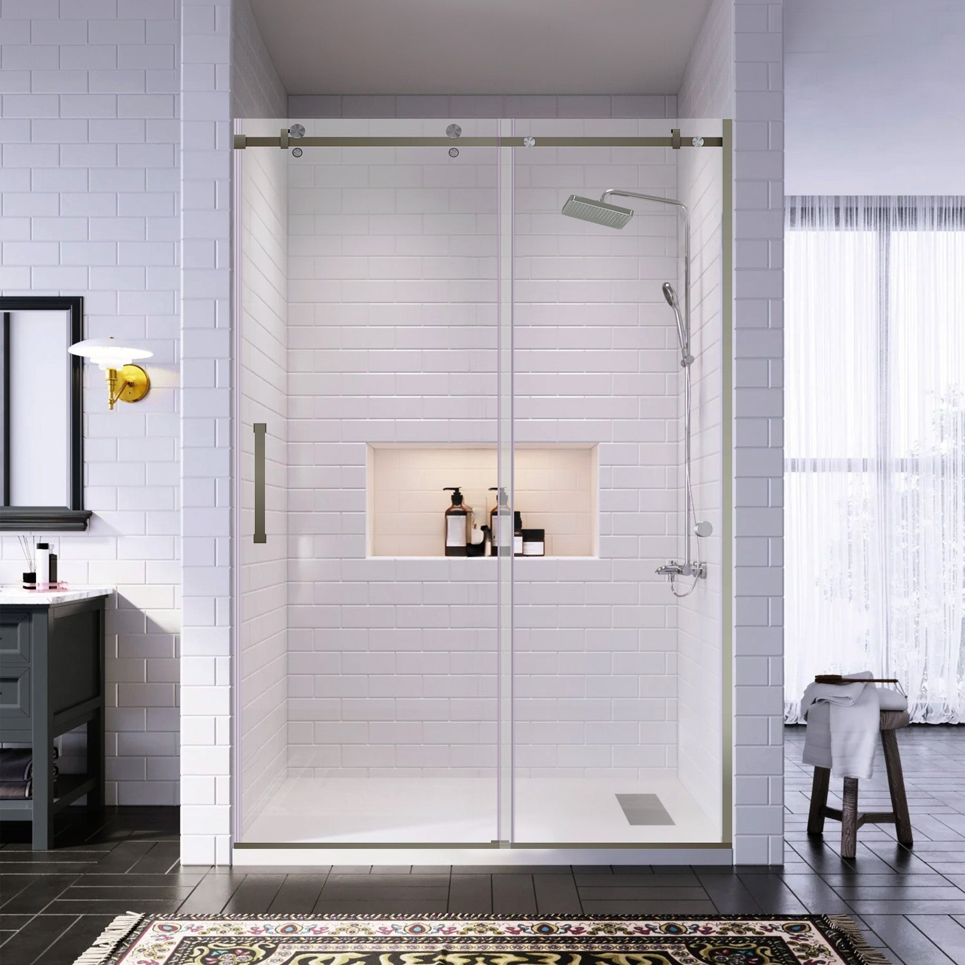 44-48 W x 76 H Sliding Shower Semi-Frameless Door ULTRA-B with Clear Glass in Brushed Nickel - Shower Doors