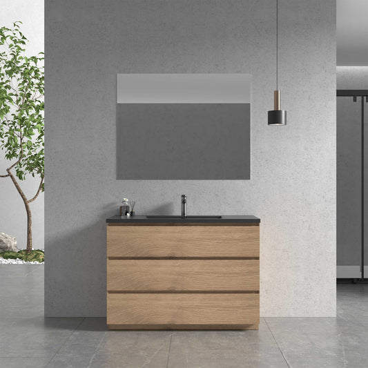48’’ Freestanding Single Bathroom Vanity in Oak with Black Quartz Integrated Sink - Bathroom Vanities