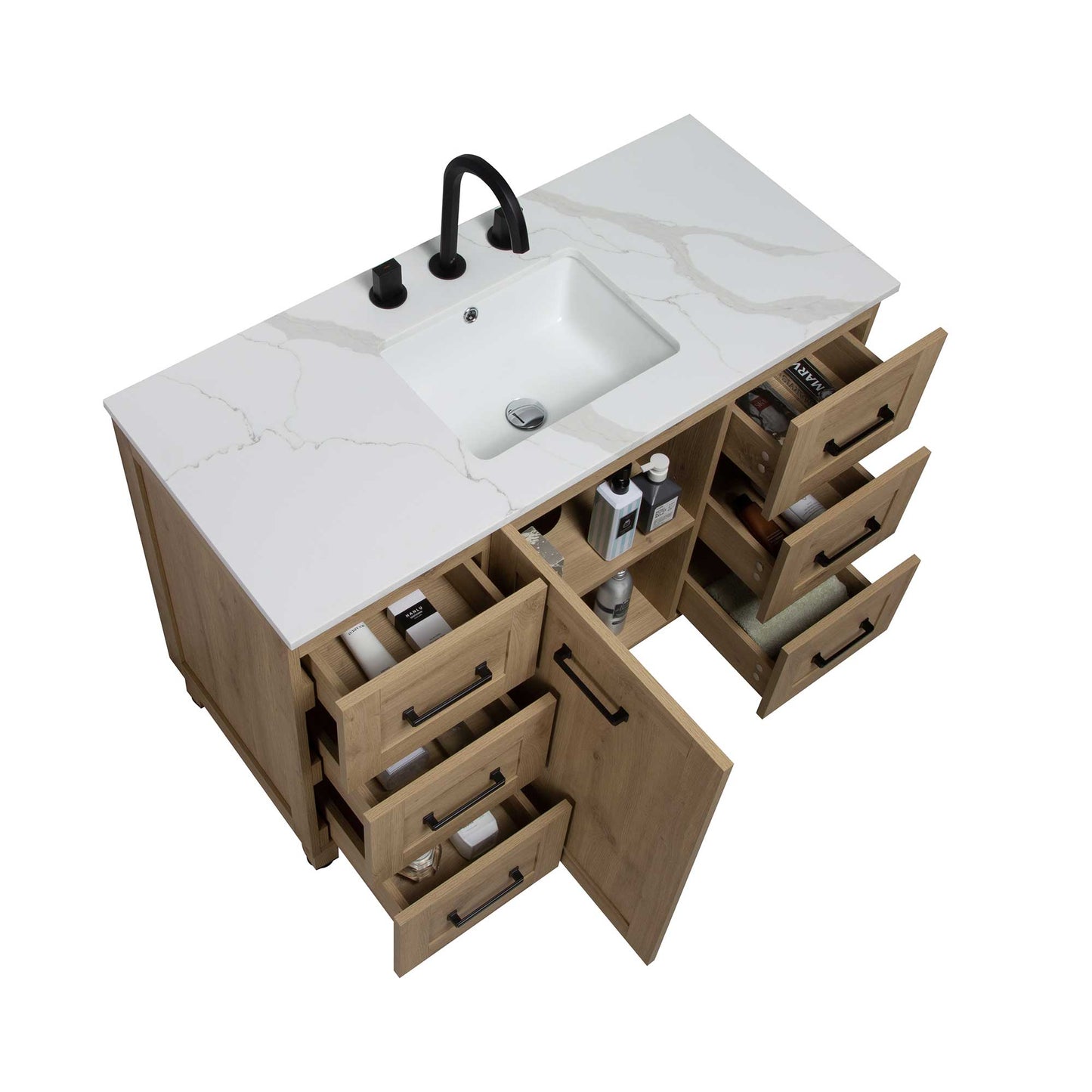 48’’ Freestanding Single Bathroom Vanity in Oak with Quartz Stone Countertop - Bathroom Vanities