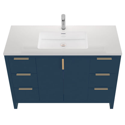 48’’ W Freestanding Single Bathroom Vanity in Blue with White Quartz Integrated Sink LV14-48B - Bathroom Vanities