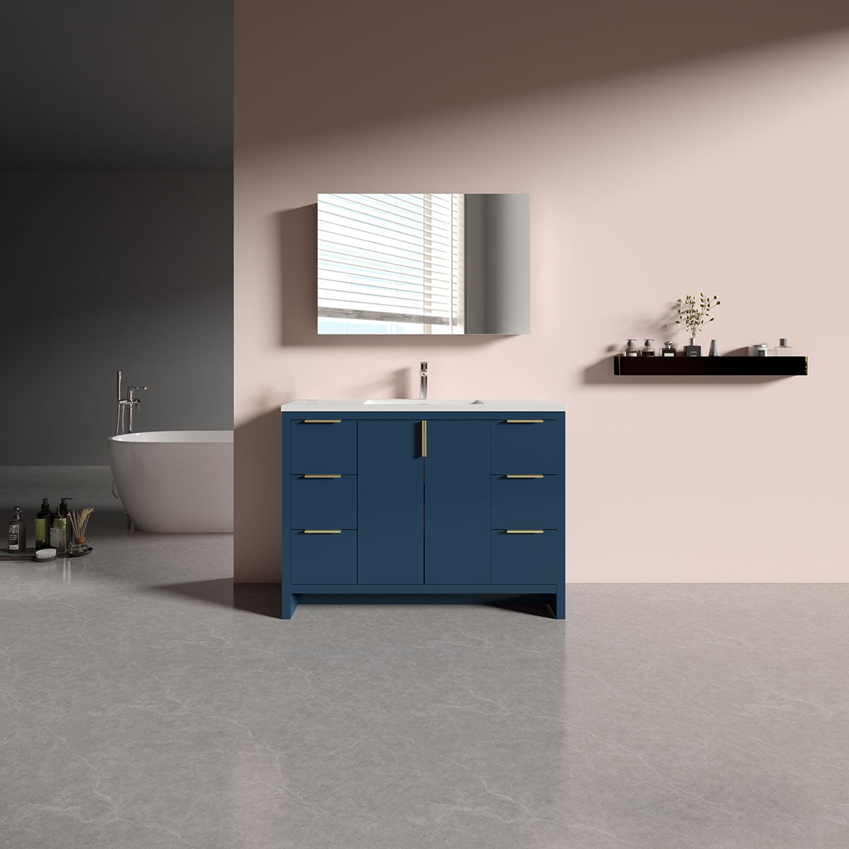 48’’ W Freestanding Single Bathroom Vanity in Blue with White Quartz Integrated Sink LV14-48B - Bathroom Vanities