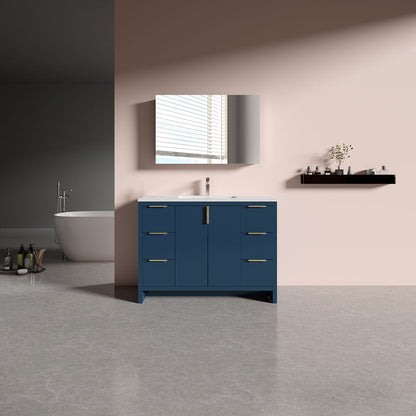 48’’ W Freestanding Single Bathroom Vanity in Blue with White Quartz Integrated Sink LV14-48B - Bathroom Vanities