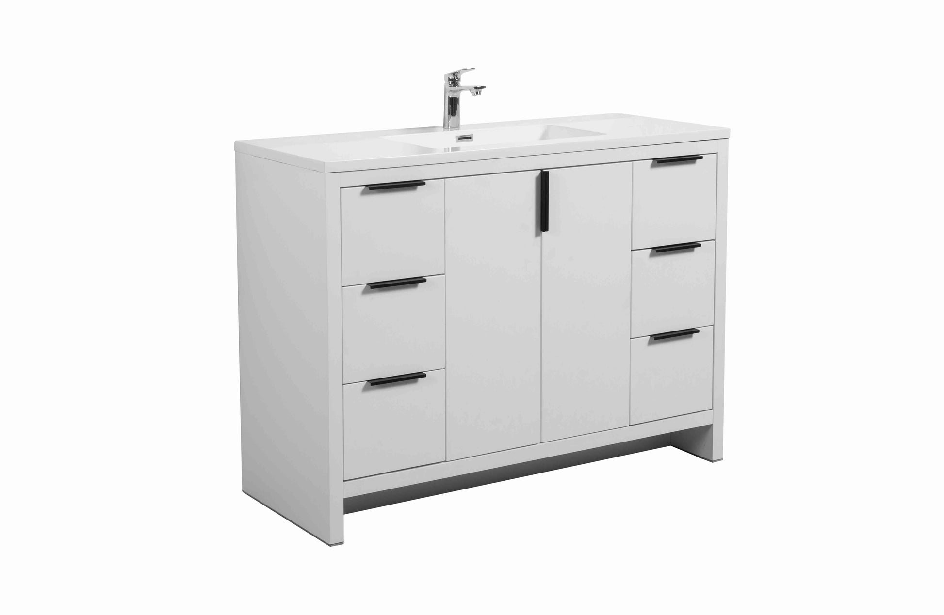 48’’ W Freestanding Single Bathroom Vanity in White Gloss with Quartz Integrated Sink LV14-48W - Bathroom Vanities