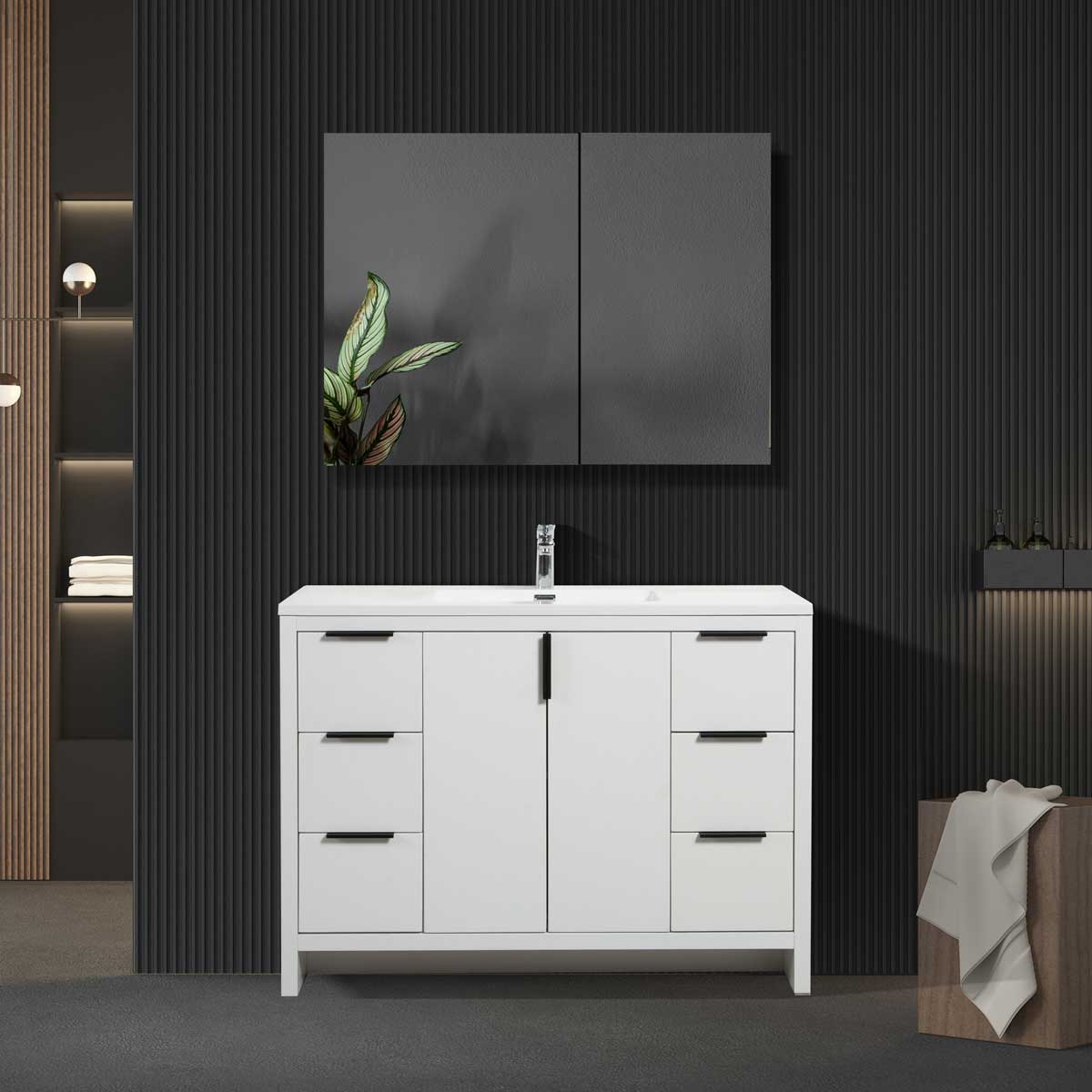 48’’ W Freestanding Single Bathroom Vanity in White Gloss with Quartz Integrated Sink LV14-48W - Bathroom Vanities