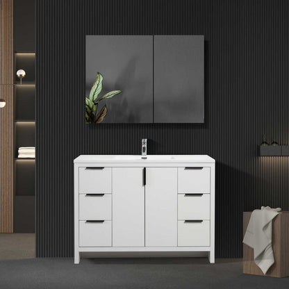 48’’ W Freestanding Single Bathroom Vanity in White Gloss with Quartz Integrated Sink LV14-48W - Bathroom Vanities