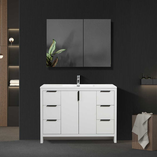 48’’ W Freestanding Single Bathroom Vanity in White Gloss with Quartz Integrated Sink LV14-48W - Bathroom Vanities