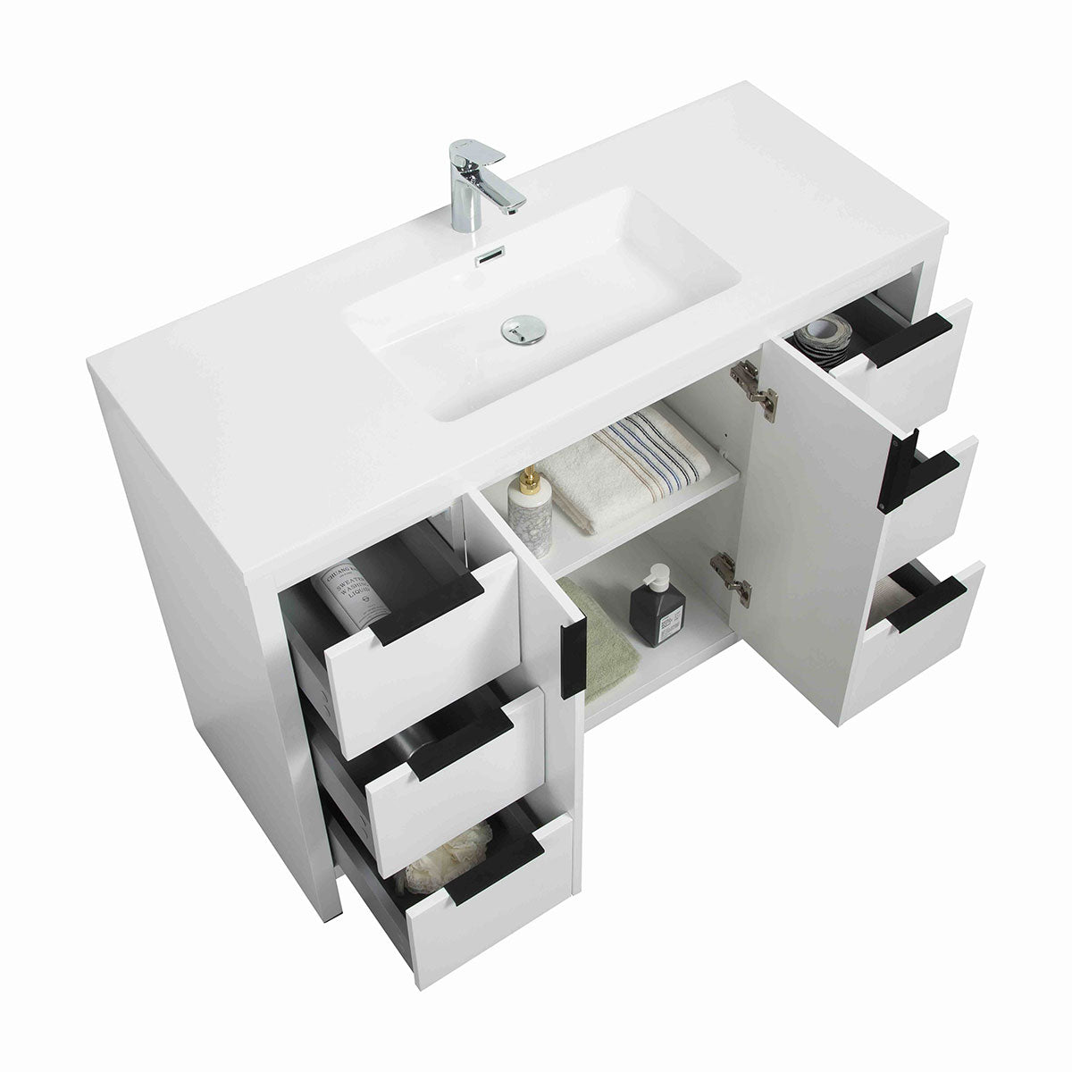 48’’ W Freestanding Single Bathroom Vanity in White Gloss with Quartz Integrated Sink LV14-48W - Bathroom Vanities