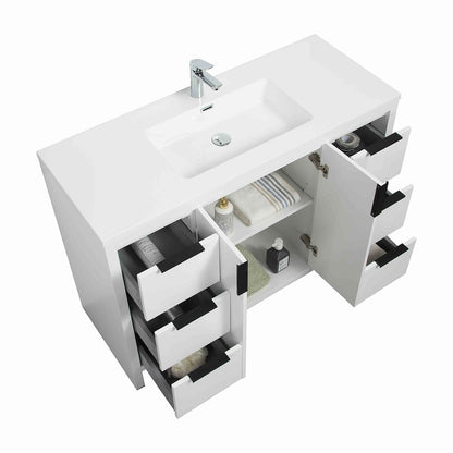 48’’ W Freestanding Single Bathroom Vanity in White Gloss with Quartz Integrated Sink LV14-48W - Bathroom Vanities