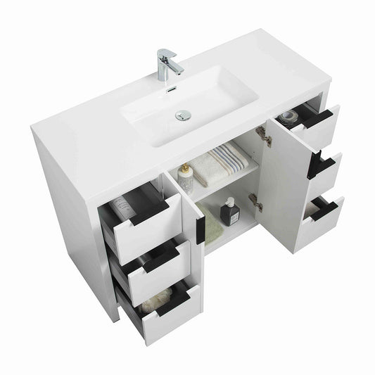 48’’ W Freestanding Single Bathroom Vanity in White Gloss with Quartz Integrated Sink LV14-48W - Bathroom Vanities