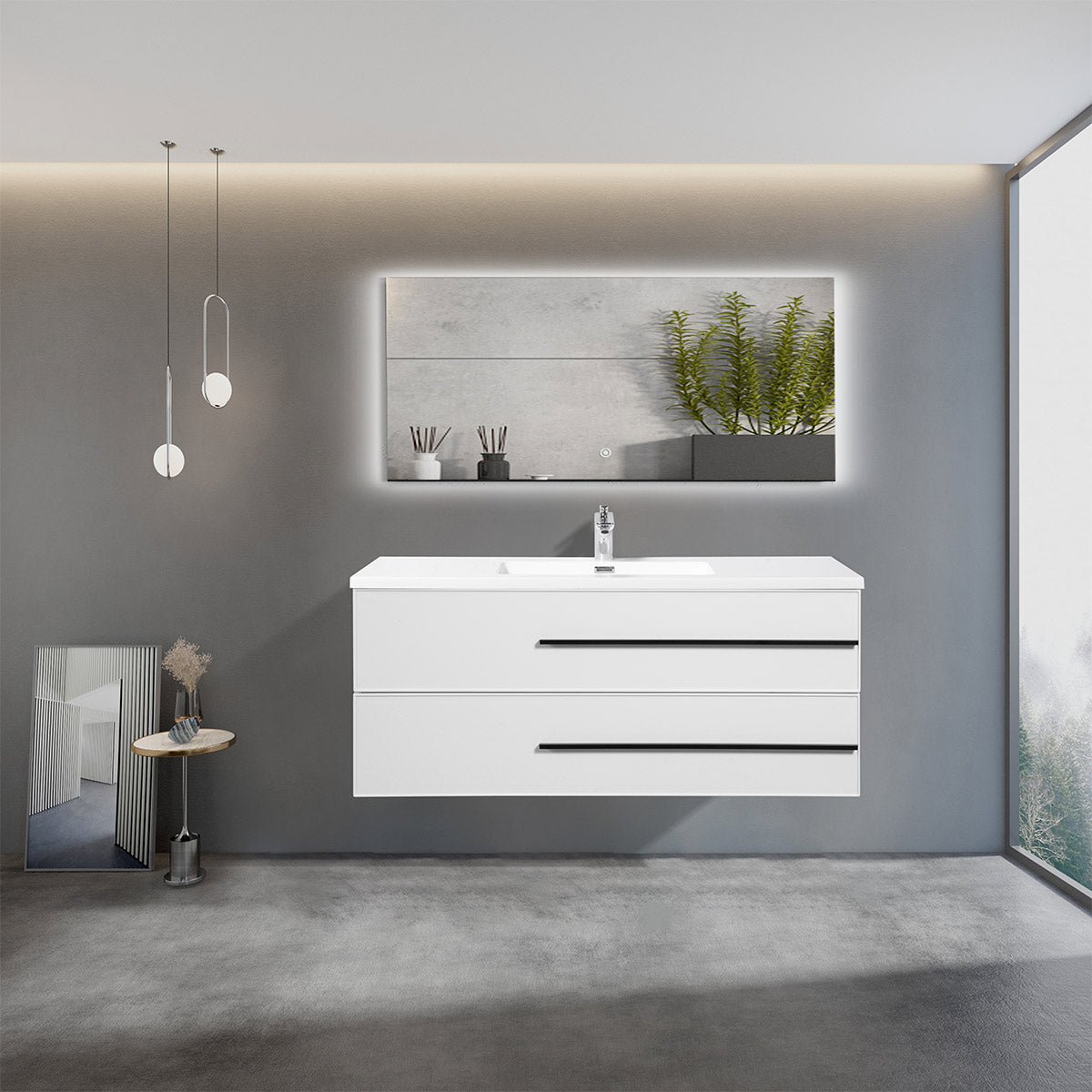 48’’ Wall Mount Single Bathroom Vanity in White Gloss with White Integrated Sink LV15W-48W - Bathroom Vanities