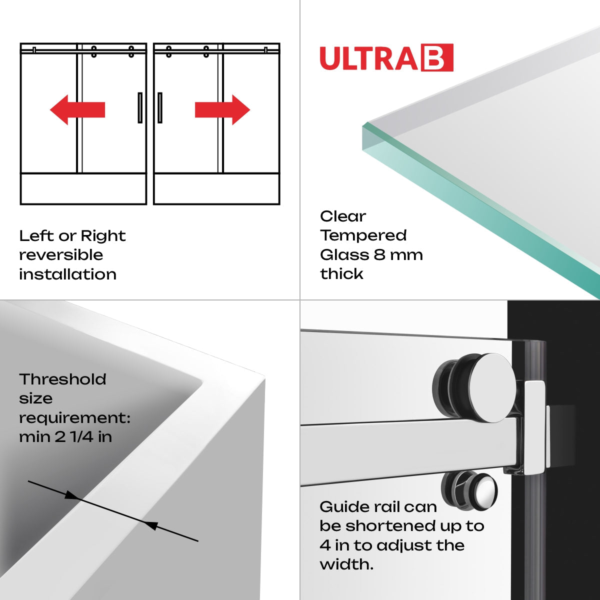 56-60 W x 62 H Sliding Bathtub Semi-Frameless Door ULTRA-B with Clear Glass in Chrome - Shower Doors