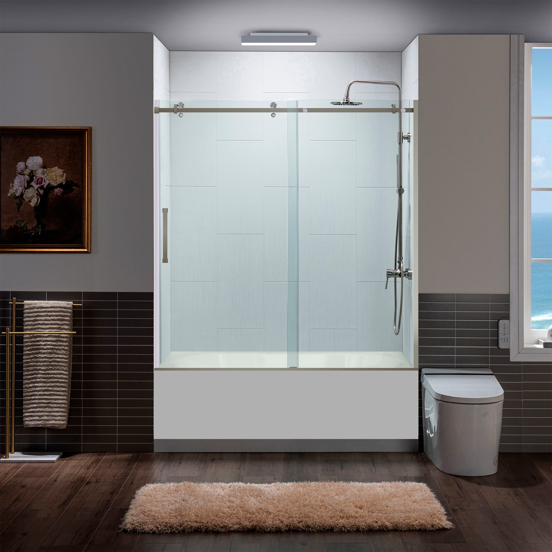 56-60 W x 62 H Sliding Bathtub Semi-Frameless Door ULTRA-B with Clear Glass in Brushed Nickel