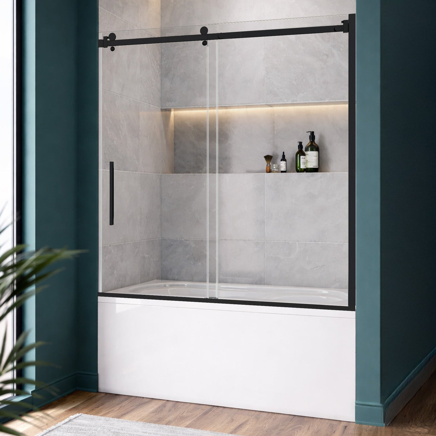 56-60 W x 62 H Sliding Bathtub Semi-Frameless Door ULTRA-B with Clear Glass in Matte Black - Shower Doors